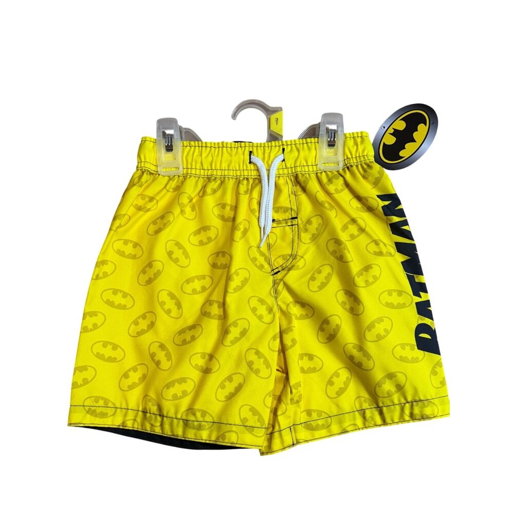 NWT‎ Batman Elastic Toddler Swim Trunks Yellow All Over Logo Print Drawstring 3T